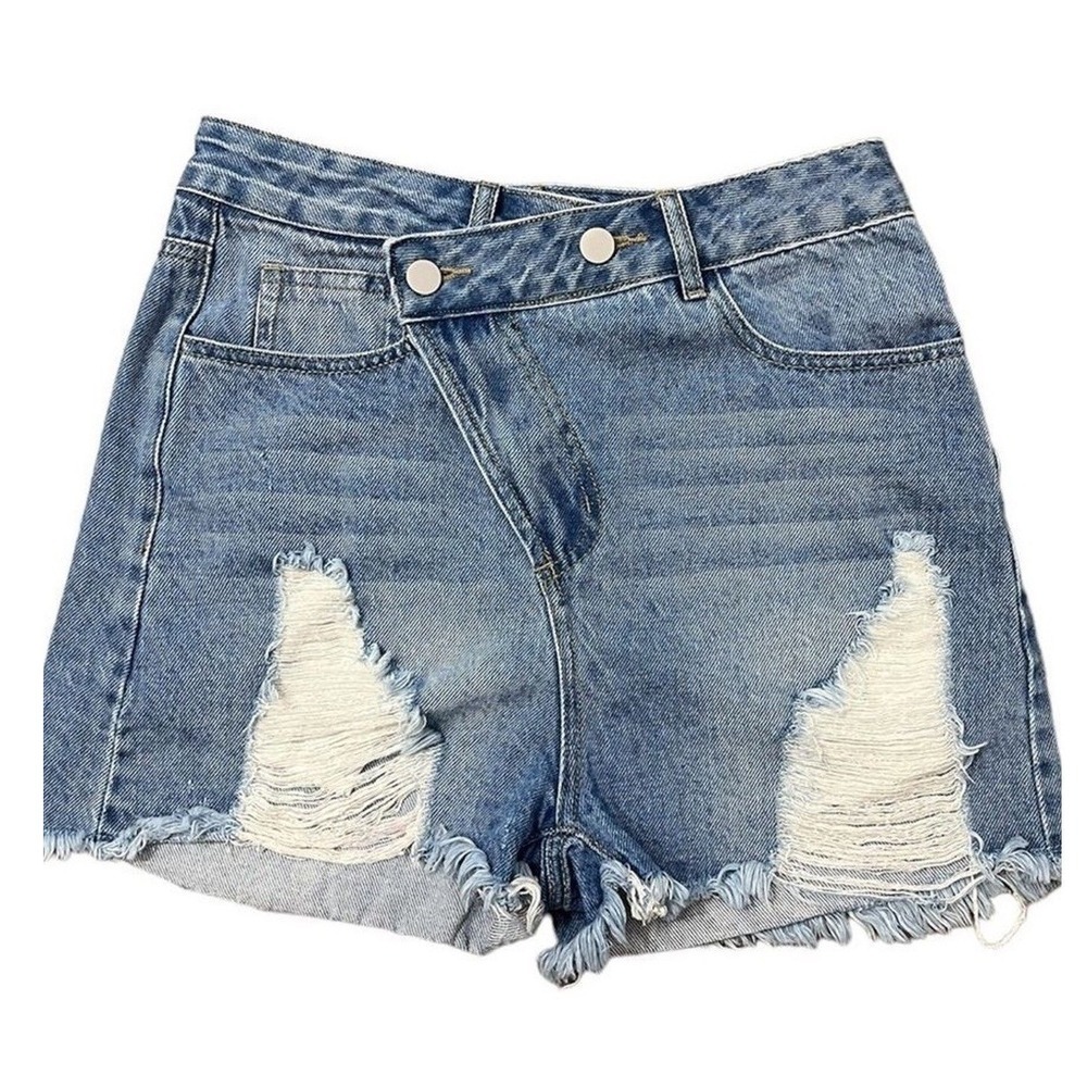 Cloud Ten Womens Asymmetrical Crossover Waist Distressed Denim Shorts Blue Small